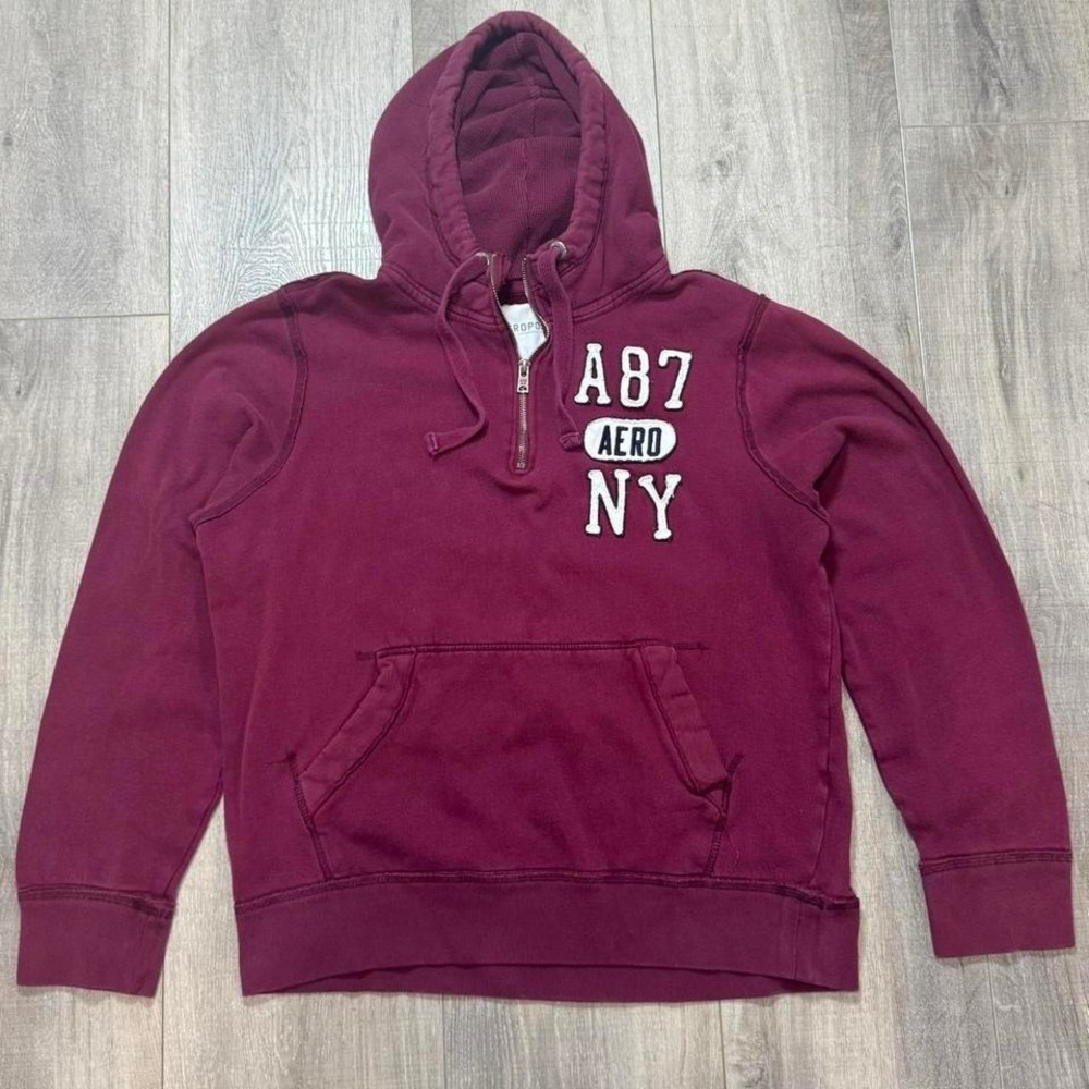 Y2K mens L aeropostale red quarter zip sweater with hood
